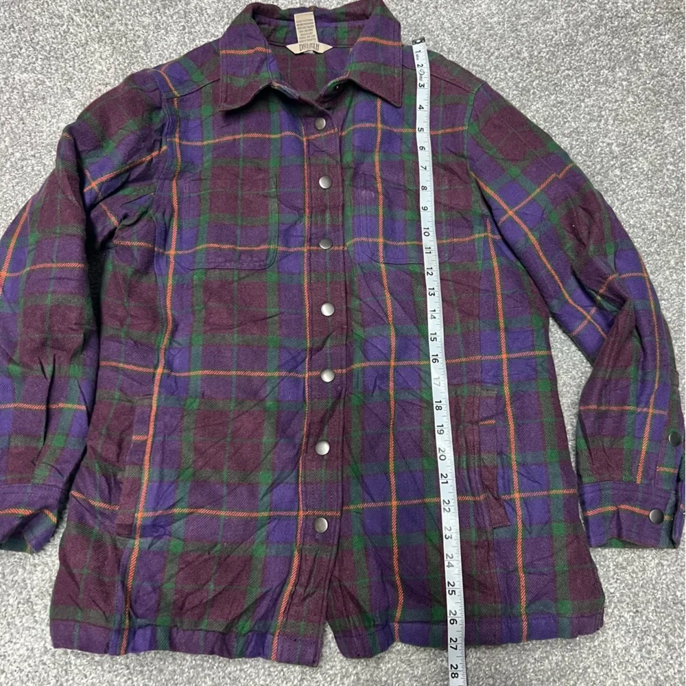 Duluth Trading Jacket Womens Medium Purple Plaid Flannel Shacket Lined Snap Down